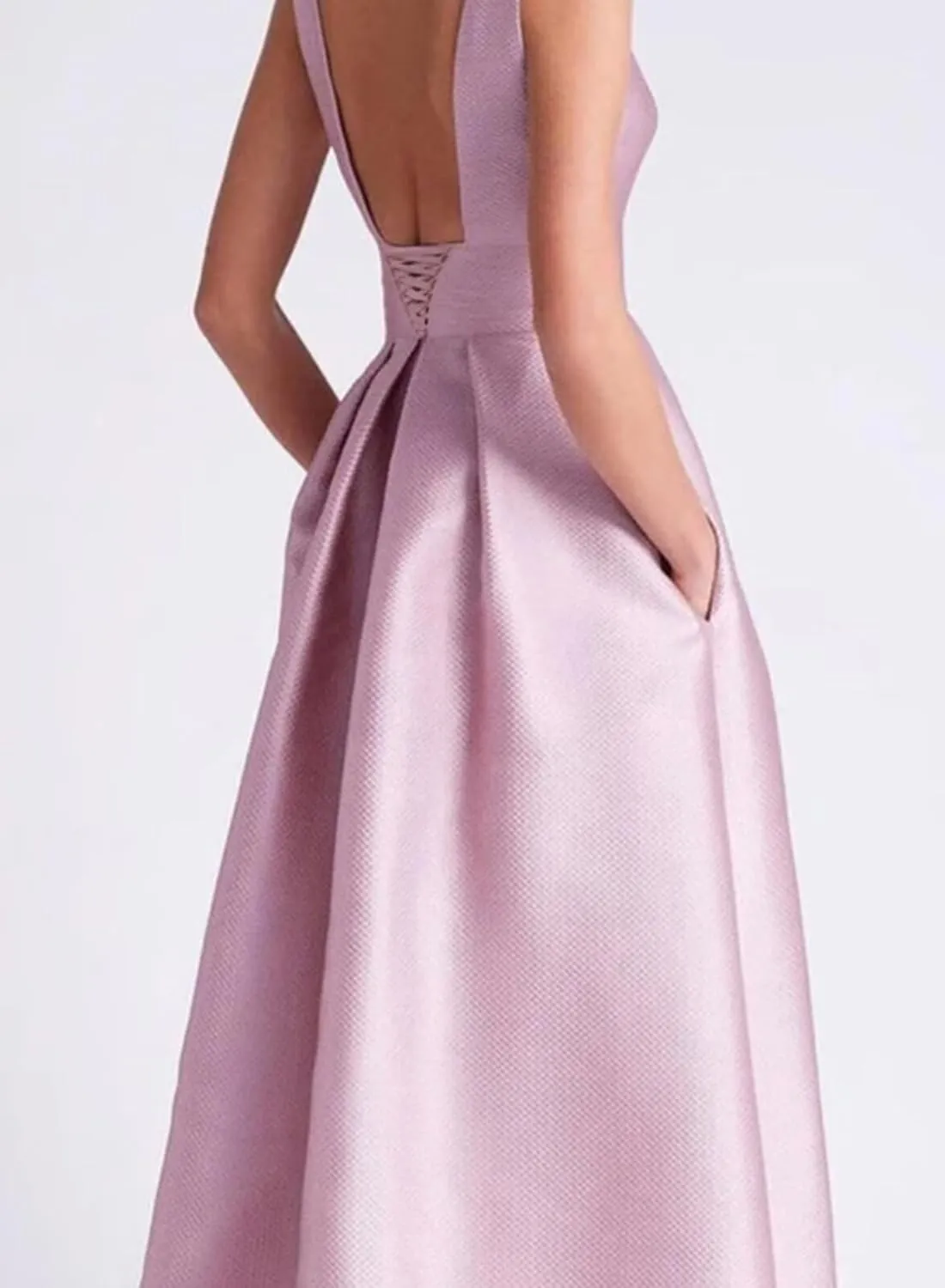 Women's Satin Tea Lenght Mother of The Bride Dress Crew Neck Formal Dress Elegant Wedding Guest Dress with Pocket