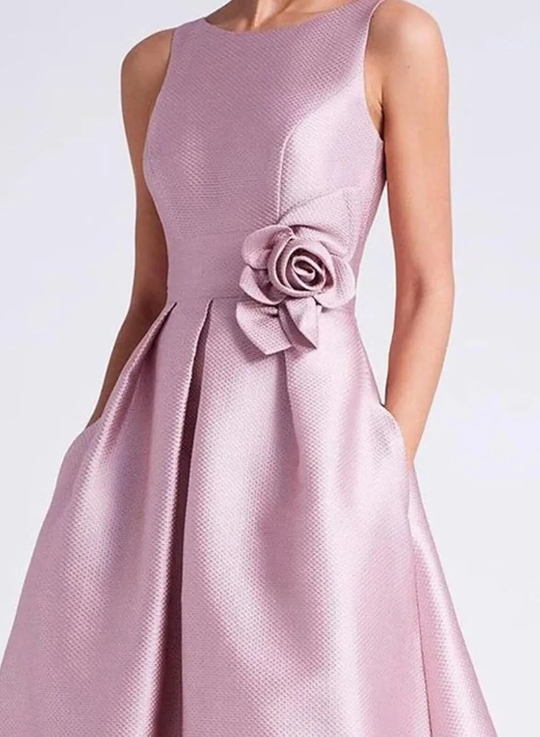 Women's Satin Tea Lenght Mother of The Bride Dress Crew Neck Formal Dress Elegant Wedding Guest Dress with Pocket