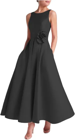 Women's Satin Tea Lenght Mother of The Bride Dress Crew Neck Formal Dress Elegant Wedding Guest Dress with Pocket