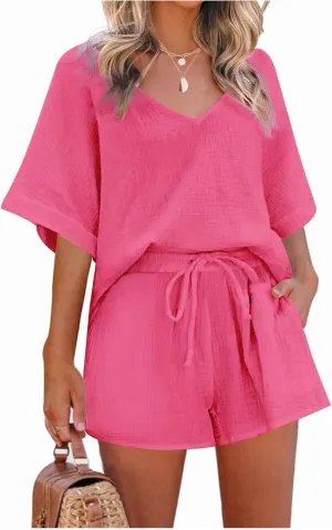 Womens Sets 2 Piece Outfits Summer Cotton Linen Set Casual Tracksuit Short Sleeve Shirt Shorts Lounge Sets Pockets