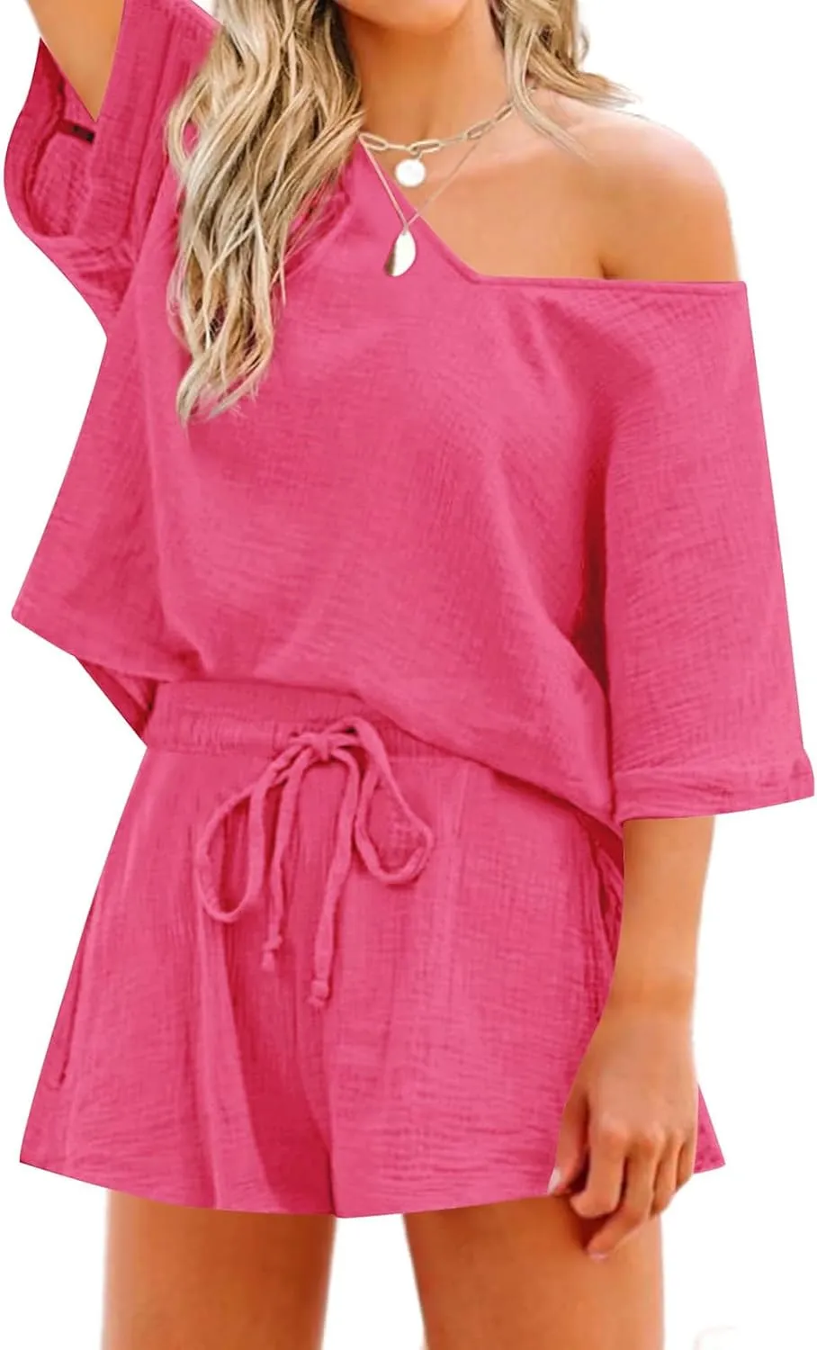 Womens Sets 2 Piece Outfits Summer Cotton Linen Set Casual Tracksuit Short Sleeve Shirt Shorts Lounge Sets Pockets