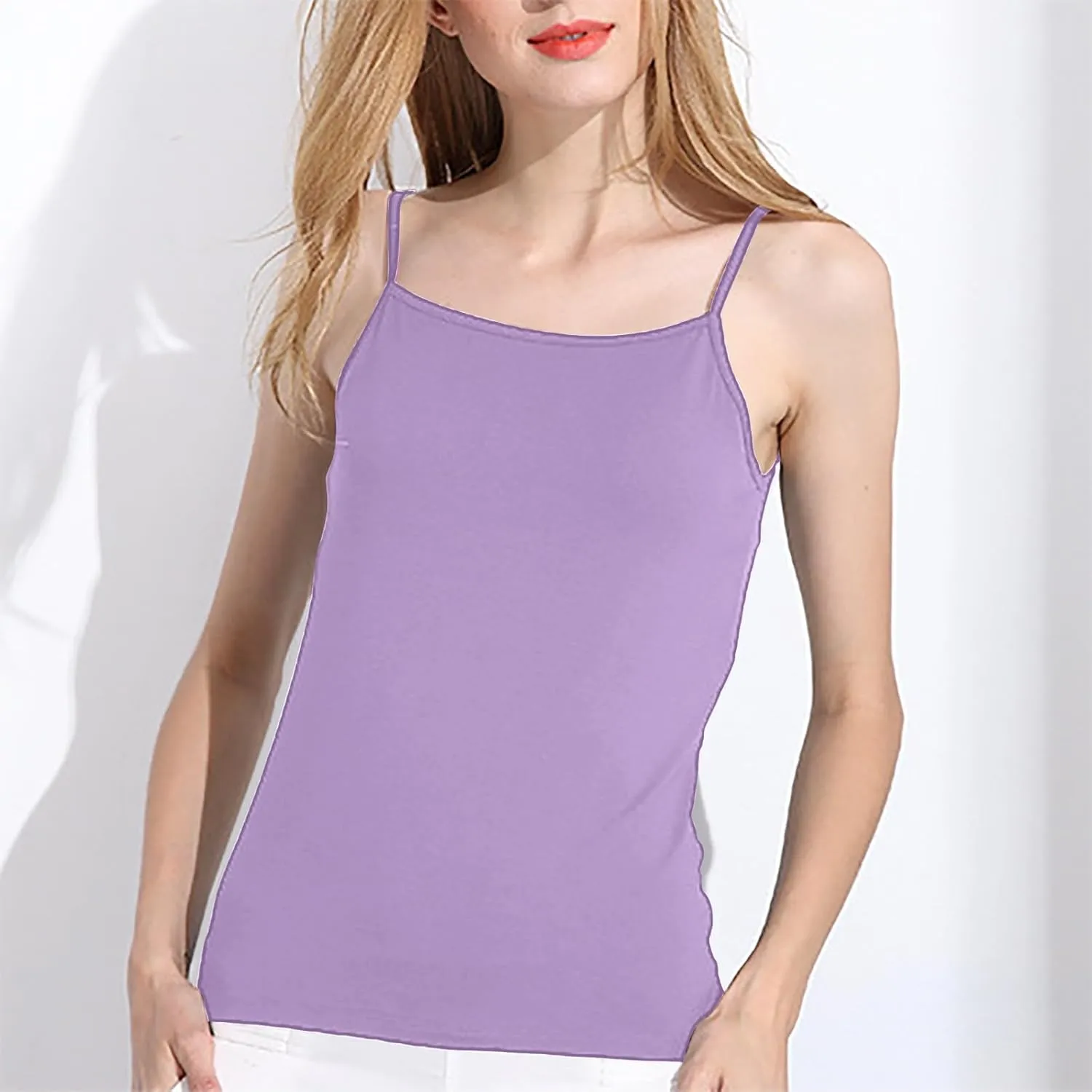Women's Shelf Bra Camisole Tops Adjustable Spaghetti Strap Built in Bra Cami Tank Tops Relaxed Fit Cotton Undershirts