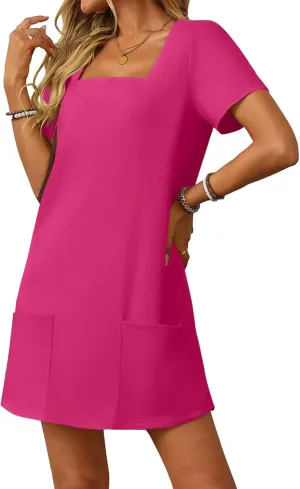 Womens Short Sleeve Mini Dresses Casual Summer Square Neck Tshirt Dress Loose Fit Solid A-Line Dress with Pockets