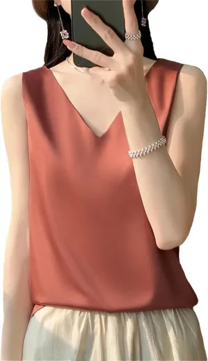 Women's Silk Satin Camisole Tank Tops for Women Trendy Female Summer Basic V-Neck Sleeveless Blouse Shirts