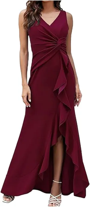 Women's Sleeveless Wedding Guest Dresses 2025 Summer Trendy Elegant Ruched Ruffle Slit Maxi Long Flowy Sundress