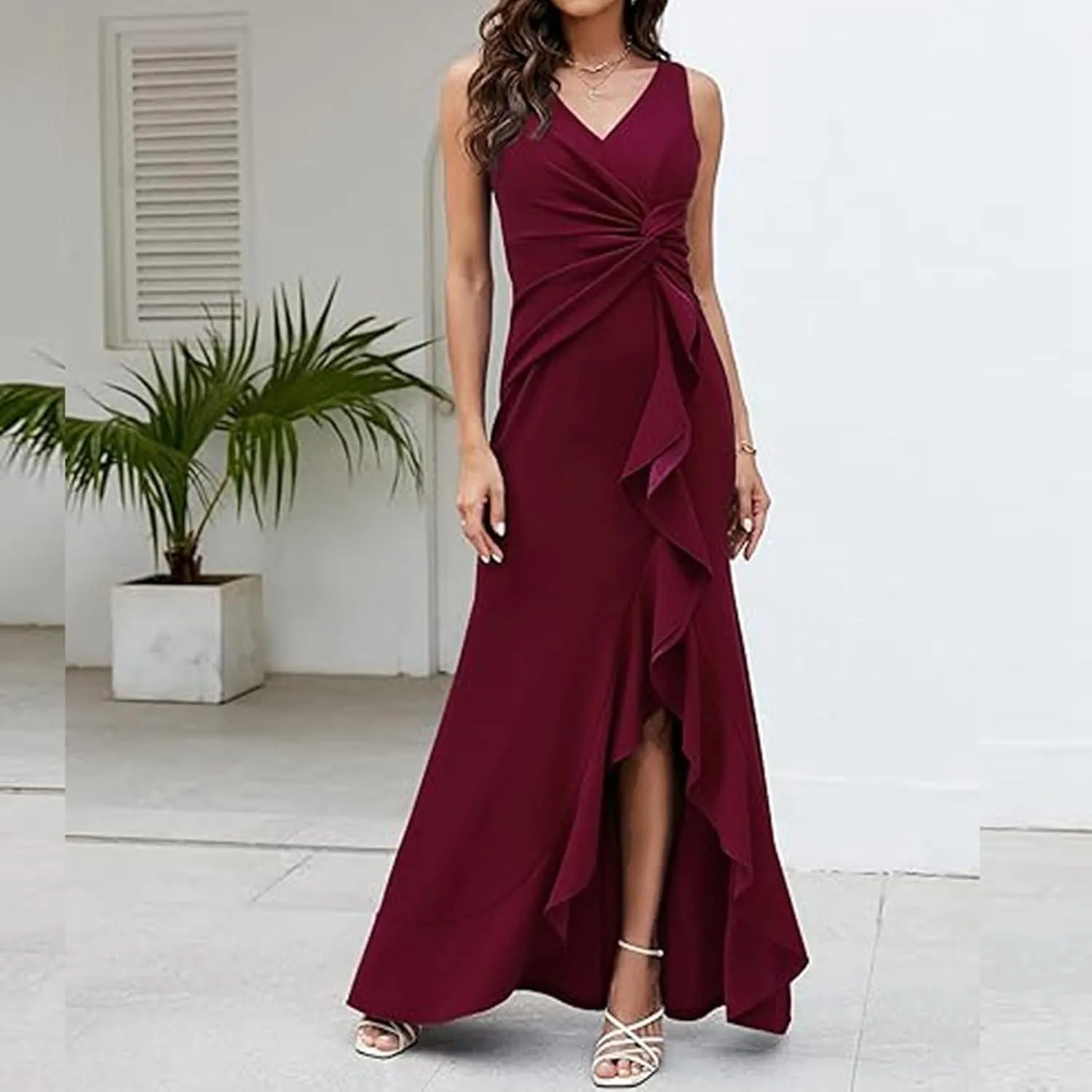 Women's Sleeveless Wedding Guest Dresses 2025 Summer Trendy Elegant Ruched Ruffle Slit Maxi Long Flowy Sundress