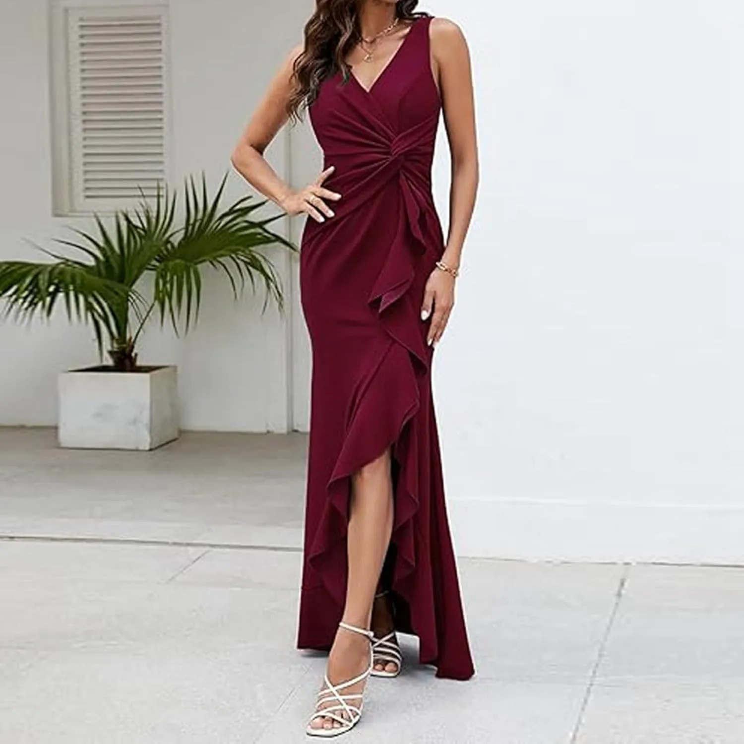 Women's Sleeveless Wedding Guest Dresses 2025 Summer Trendy Elegant Ruched Ruffle Slit Maxi Long Flowy Sundress