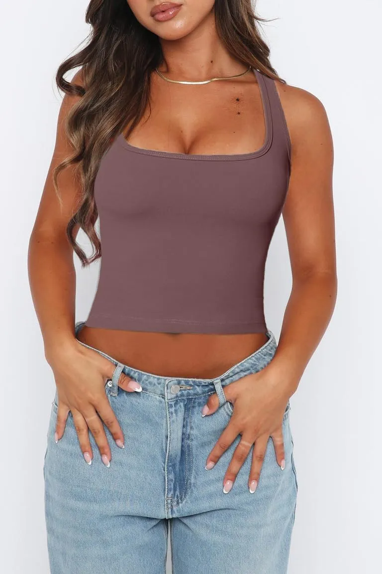 Womens Solid Square Neck Sleevless Crop Tops Summer Casual Basic Racerback Tank Tops