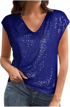 Womens Sparkle Sequin Top - Shimmer Glitter Blouses V Neck Cap Sleeve Club Party Shirts Disco Concert Tanks Tops 2025