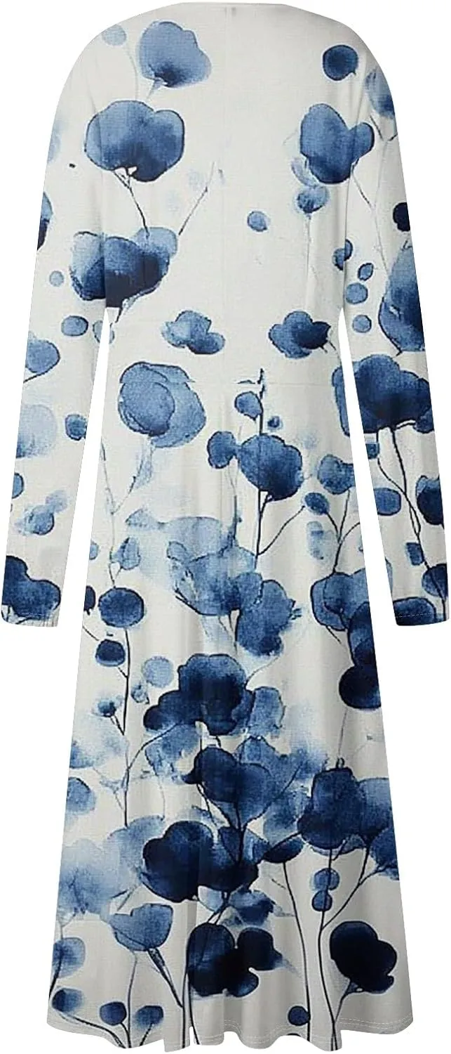 Women's Spring Beach Loose Long Sleeve Floral Print Dress Fashion V Neck Long Dresses