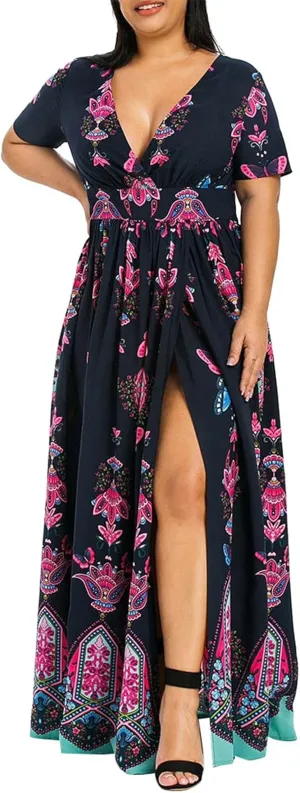 Women's Spring Dresses 2025 Plus Size Dress Curvy Fashion Butterfly Printed V-Neck Short Sleeve Casual Maxi, XL-5XL