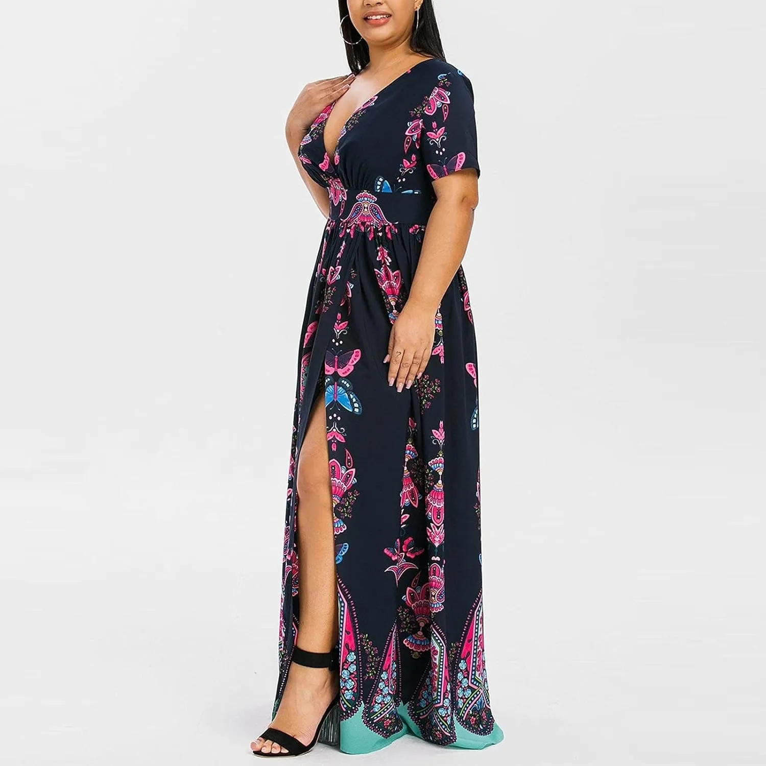 Women's Spring Dresses 2025 Plus Size Dress Curvy Fashion Butterfly Printed V-Neck Short Sleeve Casual Maxi, XL-5XL