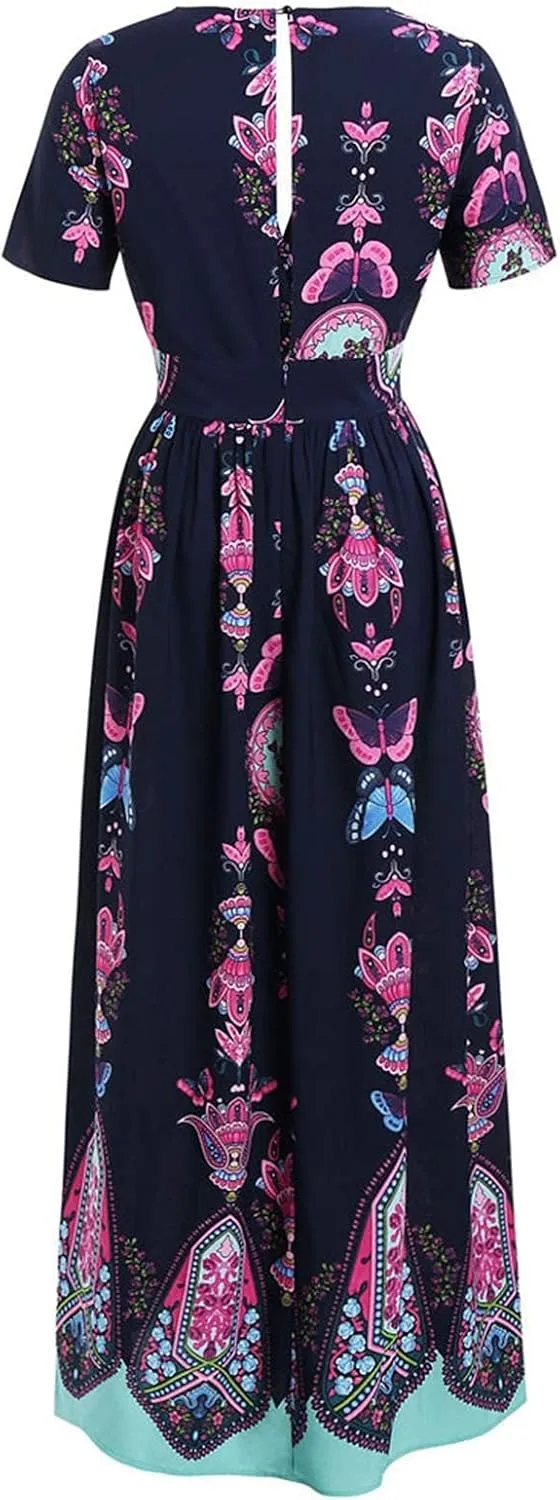 Women's Spring Dresses 2025 Plus Size Dress Curvy Fashion Butterfly Printed V-Neck Short Sleeve Casual Maxi, XL-5XL
