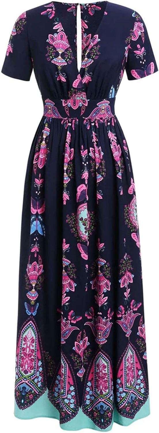 Women's Spring Dresses 2025 Plus Size Dress Curvy Fashion Butterfly Printed V-Neck Short Sleeve Casual Maxi, XL-5XL