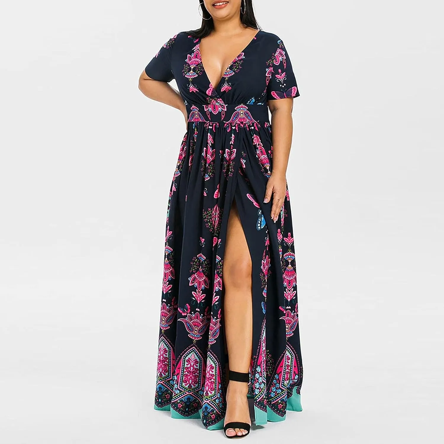 Women's Spring Dresses 2025 Plus Size Dress Curvy Fashion Butterfly Printed V-Neck Short Sleeve Casual Maxi, XL-5XL