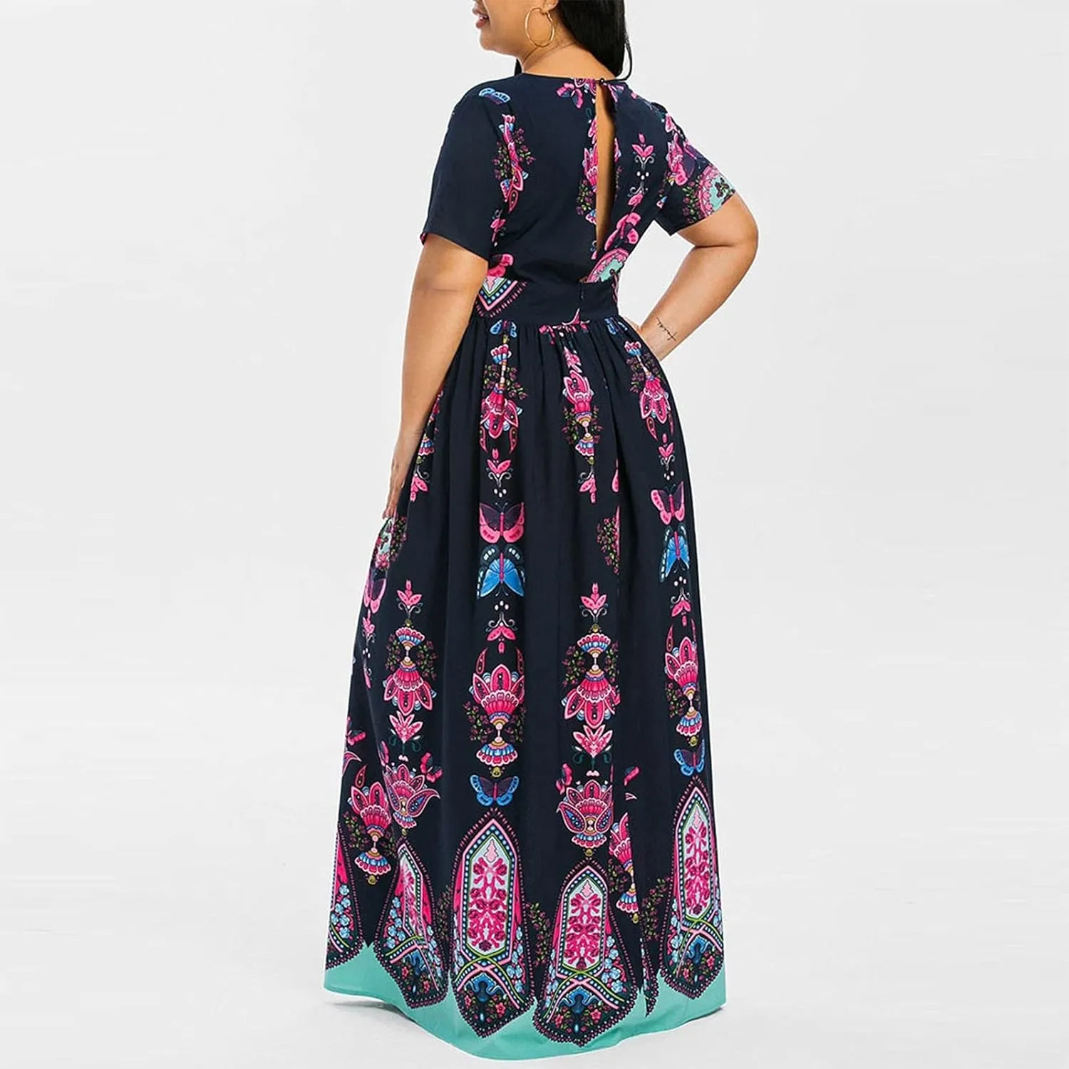 Women's Spring Dresses 2025 Plus Size Dress Curvy Fashion Butterfly Printed V-Neck Short Sleeve Casual Maxi, XL-5XL