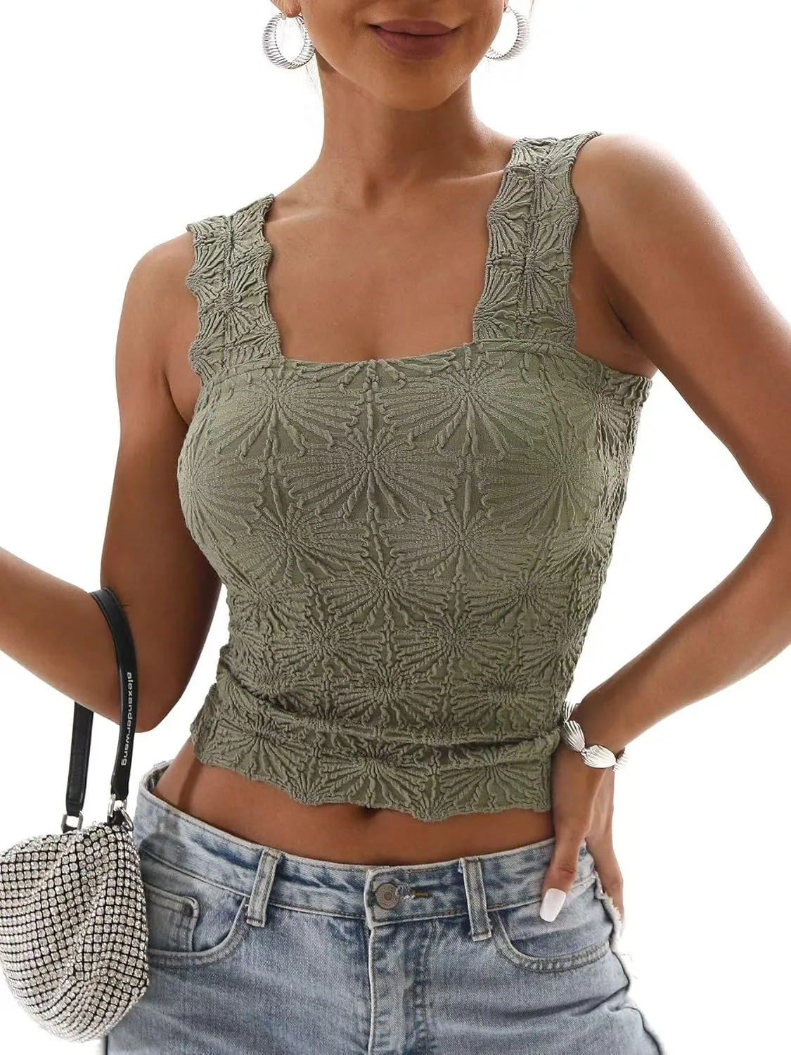 Women's Square Neck Tops Slim Fit Sleeveless Wide Strap Crop Tank Tops Lettuce Trim Crop Cami Tops with Floral Jacquard
