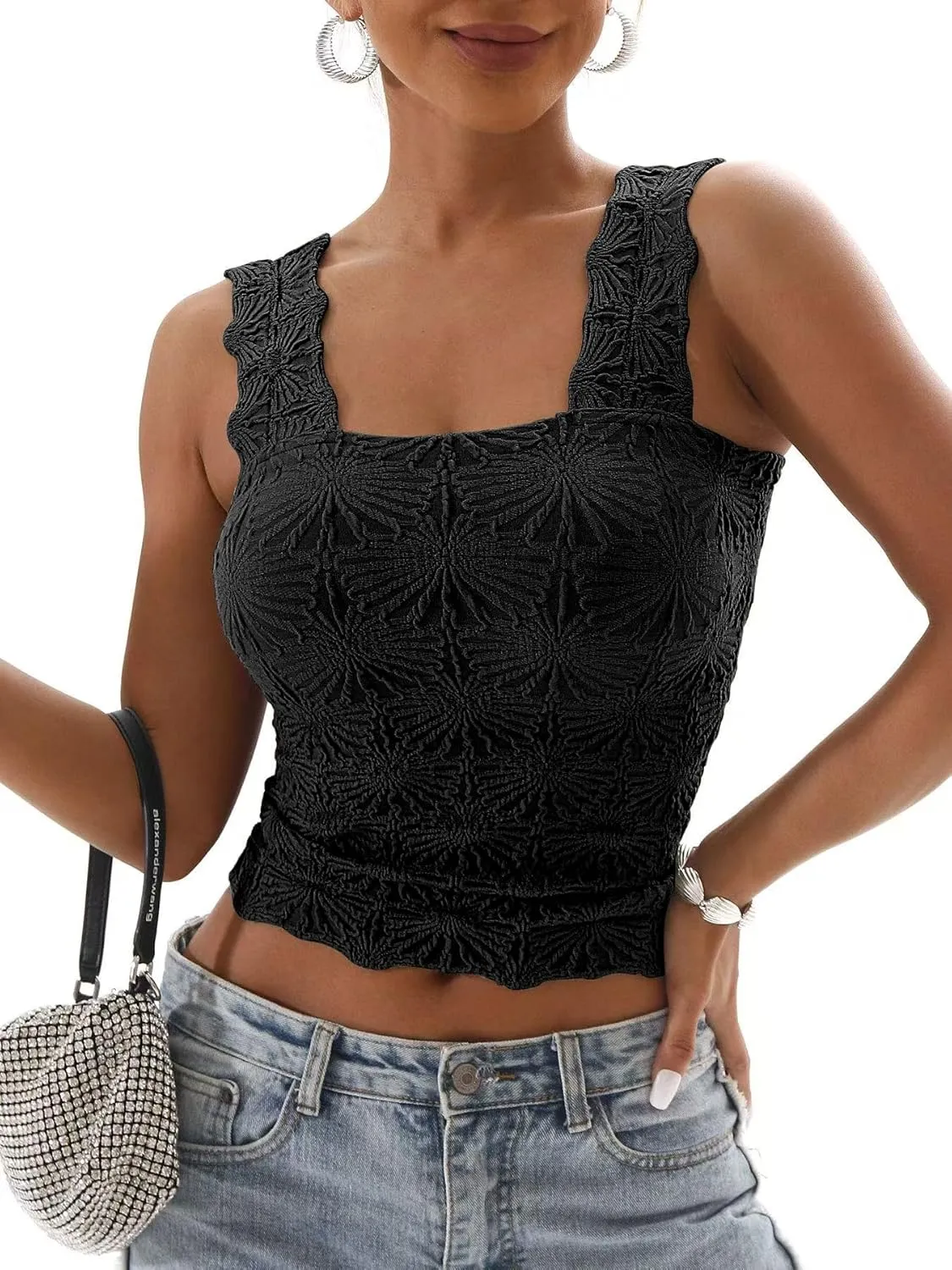 Women's Square Neck Tops Slim Fit Sleeveless Wide Strap Crop Tank Tops Lettuce Trim Crop Cami Tops with Floral Jacquard