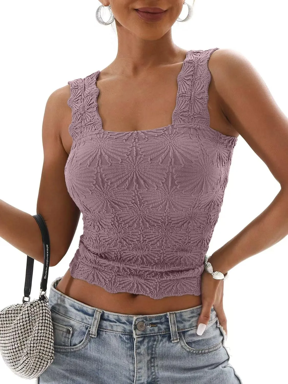 Women's Square Neck Tops Slim Fit Sleeveless Wide Strap Crop Tank Tops Lettuce Trim Crop Cami Tops with Floral Jacquard
