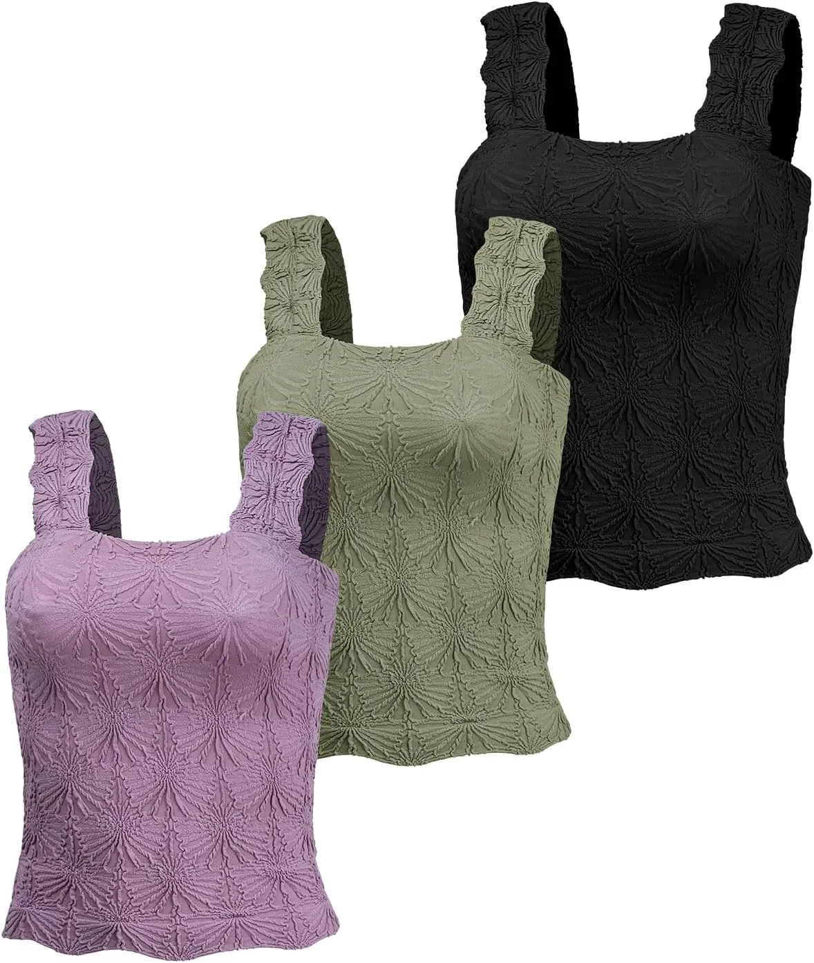 Women's Square Neck Tops Slim Fit Sleeveless Wide Strap Crop Tank Tops Lettuce Trim Crop Cami Tops with Floral Jacquard