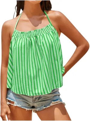 Womens Striped Halter Camisole Cute Sexy Backless Tank Tops Open Back Crop Tops Flowy Vacation Pleated Y2k Tshirts