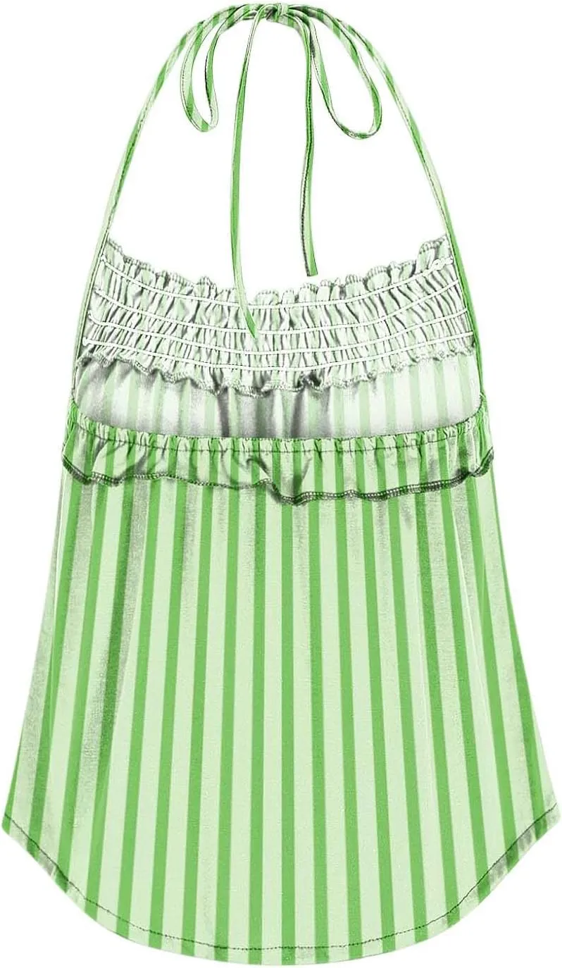 Womens Striped Halter Camisole Cute Sexy Backless Tank Tops Open Back Crop Tops Flowy Vacation Pleated Y2k Tshirts