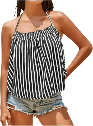 Womens Striped Halter Camisole Cute Sexy Backless Tank Tops Open Back Crop Tops Flowy Vacation Pleated Y2k Tshirts