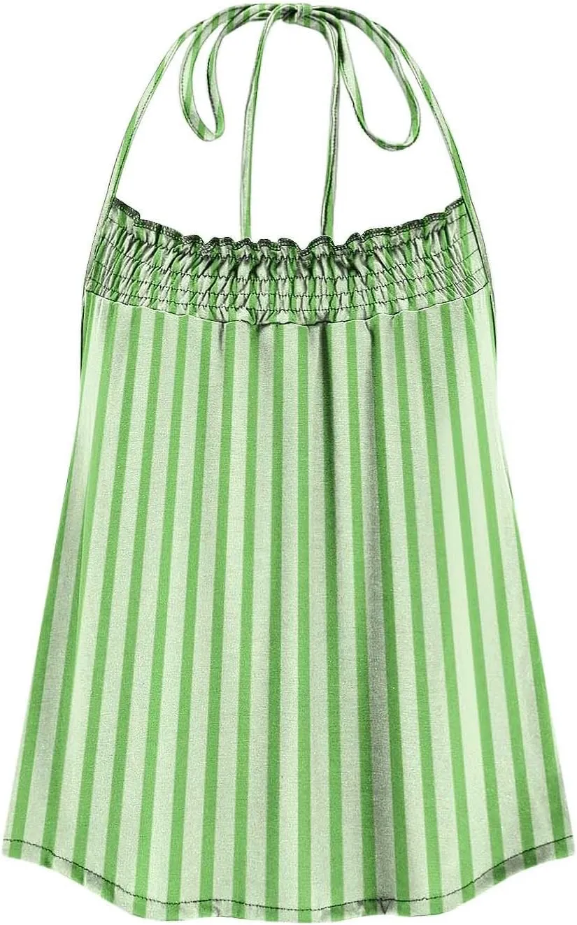 Womens Striped Halter Camisole Cute Sexy Backless Tank Tops Open Back Crop Tops Flowy Vacation Pleated Y2k Tshirts