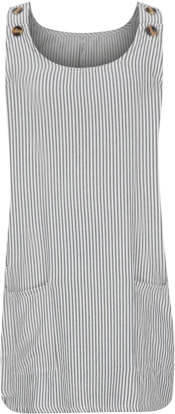 Womens Striped Print Straps Dress Scoop Neck Button Summer Mini Pockets Dresses Boho Beach Tank Sleeveless Sundresses