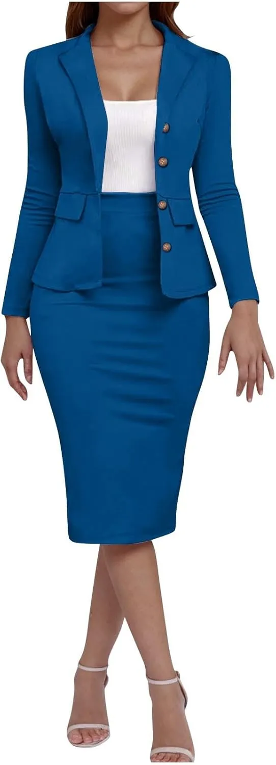 Womens Suits 2 Piece Set Business Skirt Suit Set Long Sleeve Blazer and Skirt Suit Set Casual Work Office Outfits