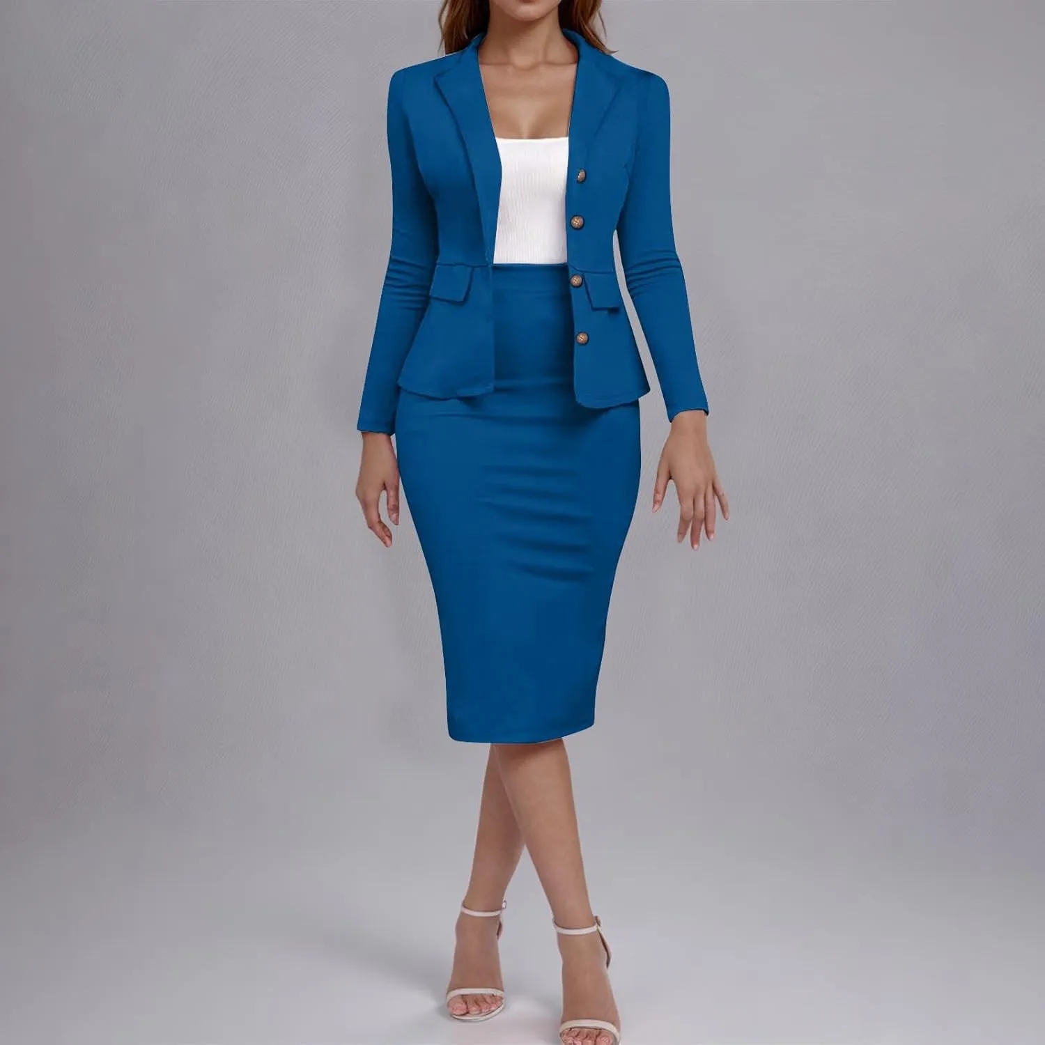 Womens Suits 2 Piece Set Business Skirt Suit Set Long Sleeve Blazer and Skirt Suit Set Casual Work Office Outfits