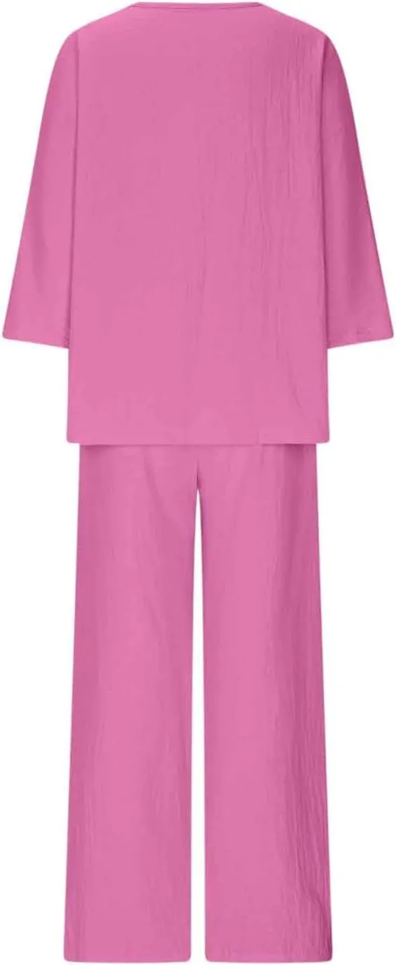 Women's Summer 2 Piece Outfits Cotton Linen Matching Sets Loose V Neck Tops Wide Leg Pants Lounge Sets Travel Outfits