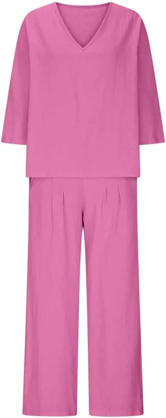 Women's Summer 2 Piece Outfits Cotton Linen Matching Sets Loose V Neck Tops Wide Leg Pants Lounge Sets Travel Outfits