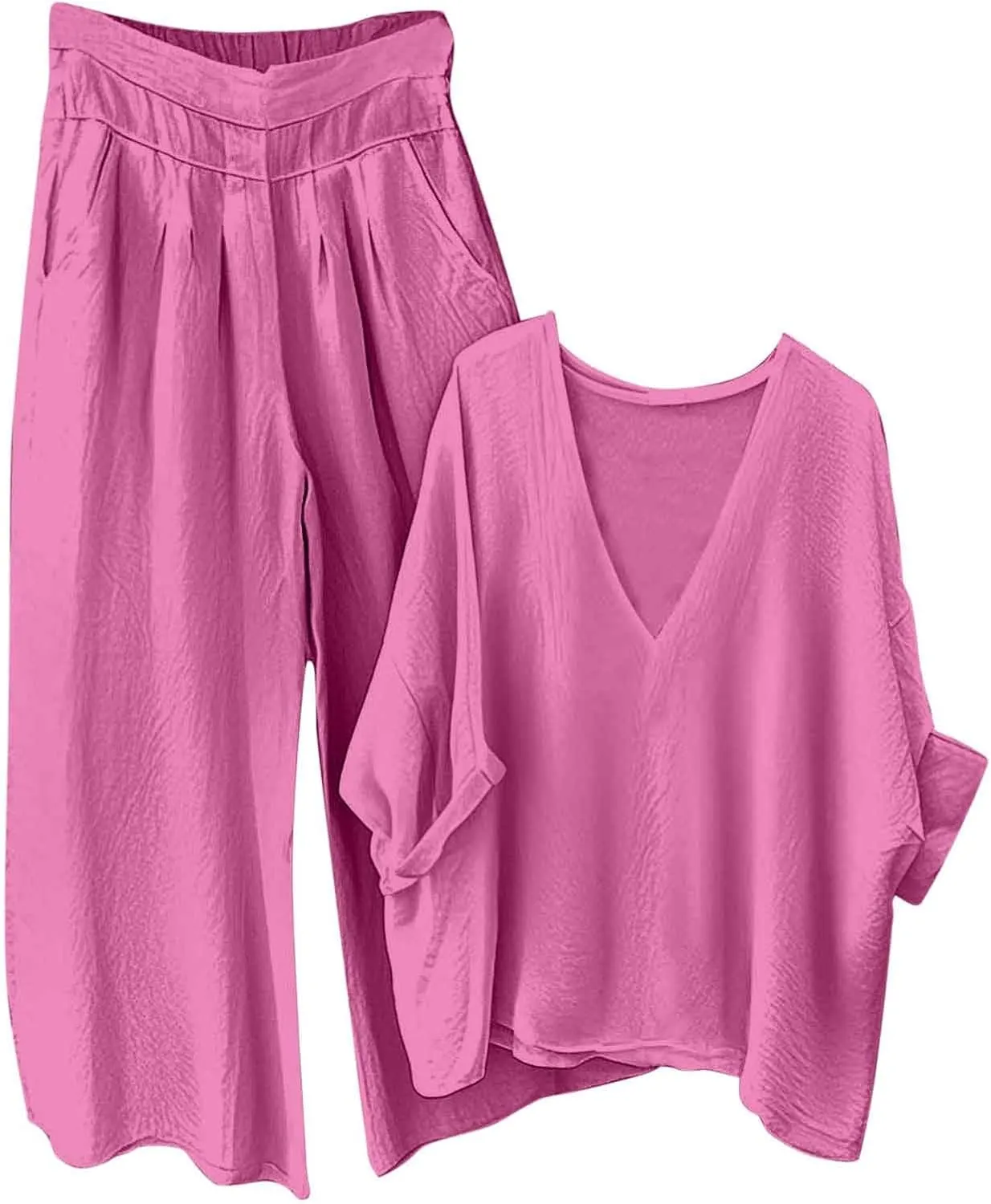 Women's Summer 2 Piece Outfits Cotton Linen Matching Sets Loose V Neck Tops Wide Leg Pants Lounge Sets Travel Outfits