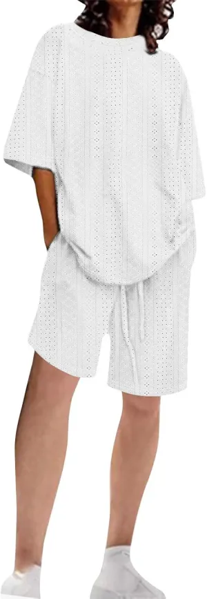 Womens Summer Beach Vacation Outfits 2024 2 Piece Short Set Oversized Tshirt Bermuda Shorts Matching Lounge Sets