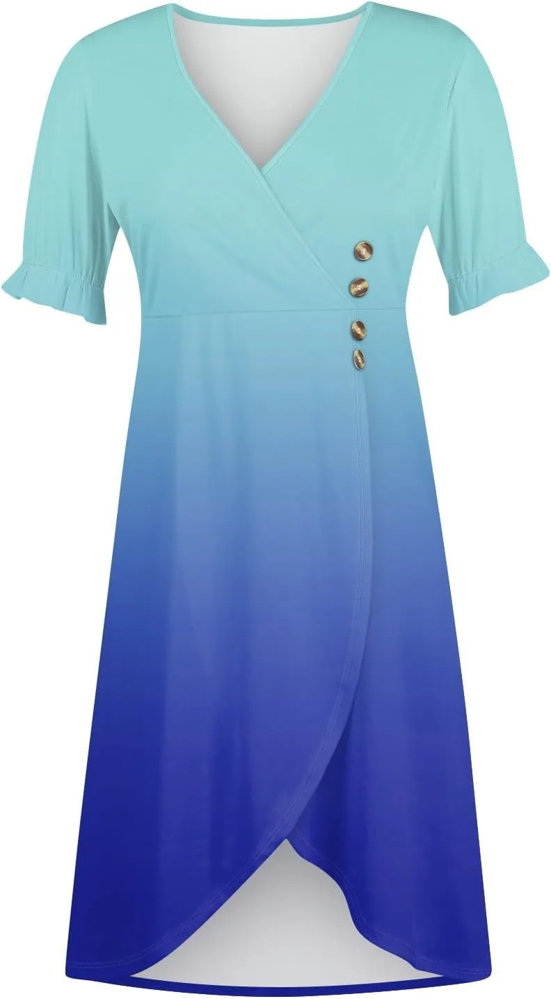 Women's Summer Casual Loose Trendy Short Sleeve V-Neck Floral Printed Solid Sun Beach Dress Plus Size, S-3XL
