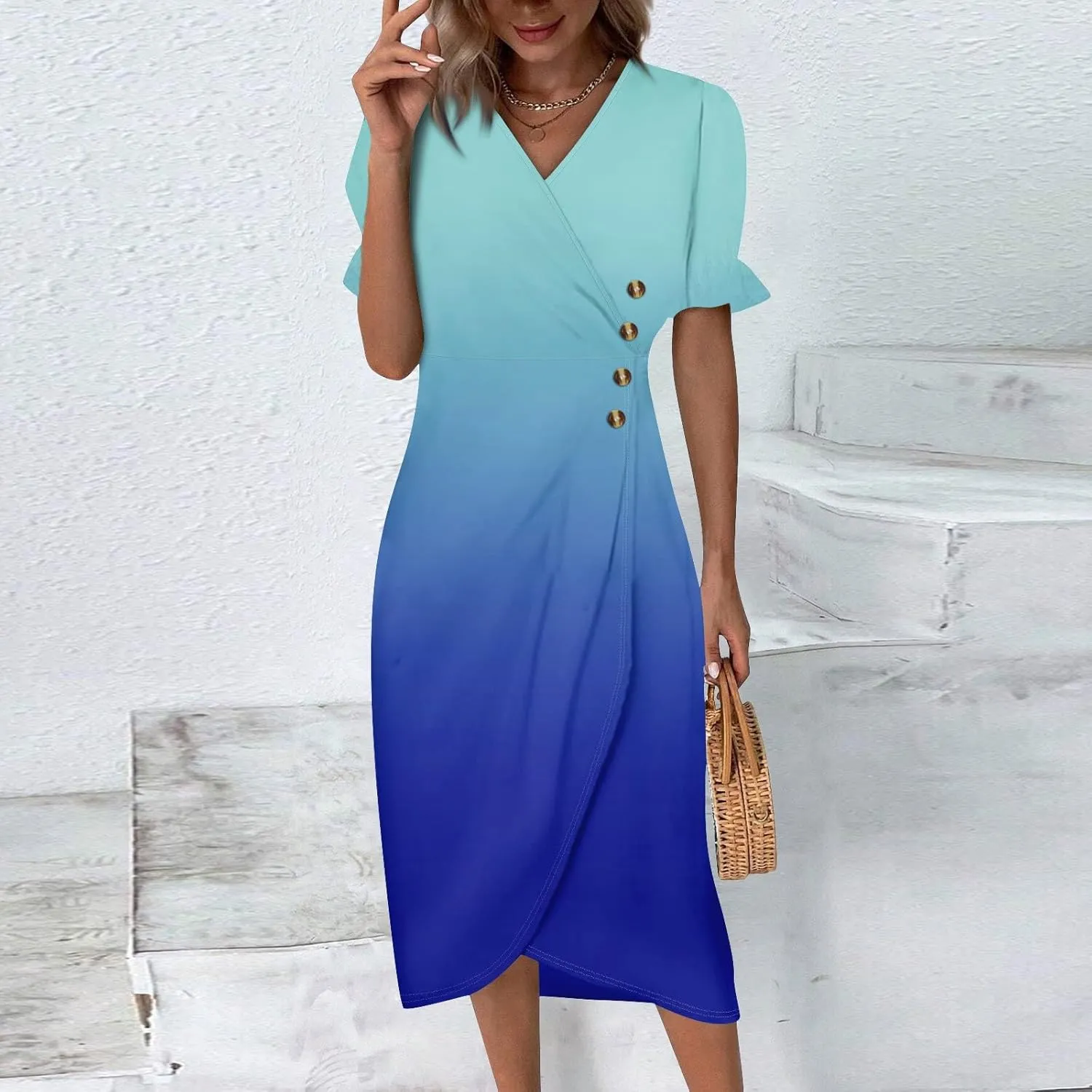 Women's Summer Casual Loose Trendy Short Sleeve V-Neck Floral Printed Solid Sun Beach Dress Plus Size, S-3XL