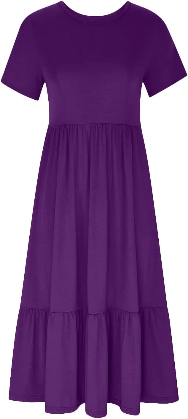 Women's Summer Casual Short Sleeve Crewneck Long Dress Solid Flowy Tiered Maxi Beach Dress with Pockets