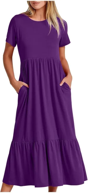 Women's Summer Casual Short Sleeve Crewneck Long Dress Solid Flowy Tiered Maxi Beach Dress with Pockets
