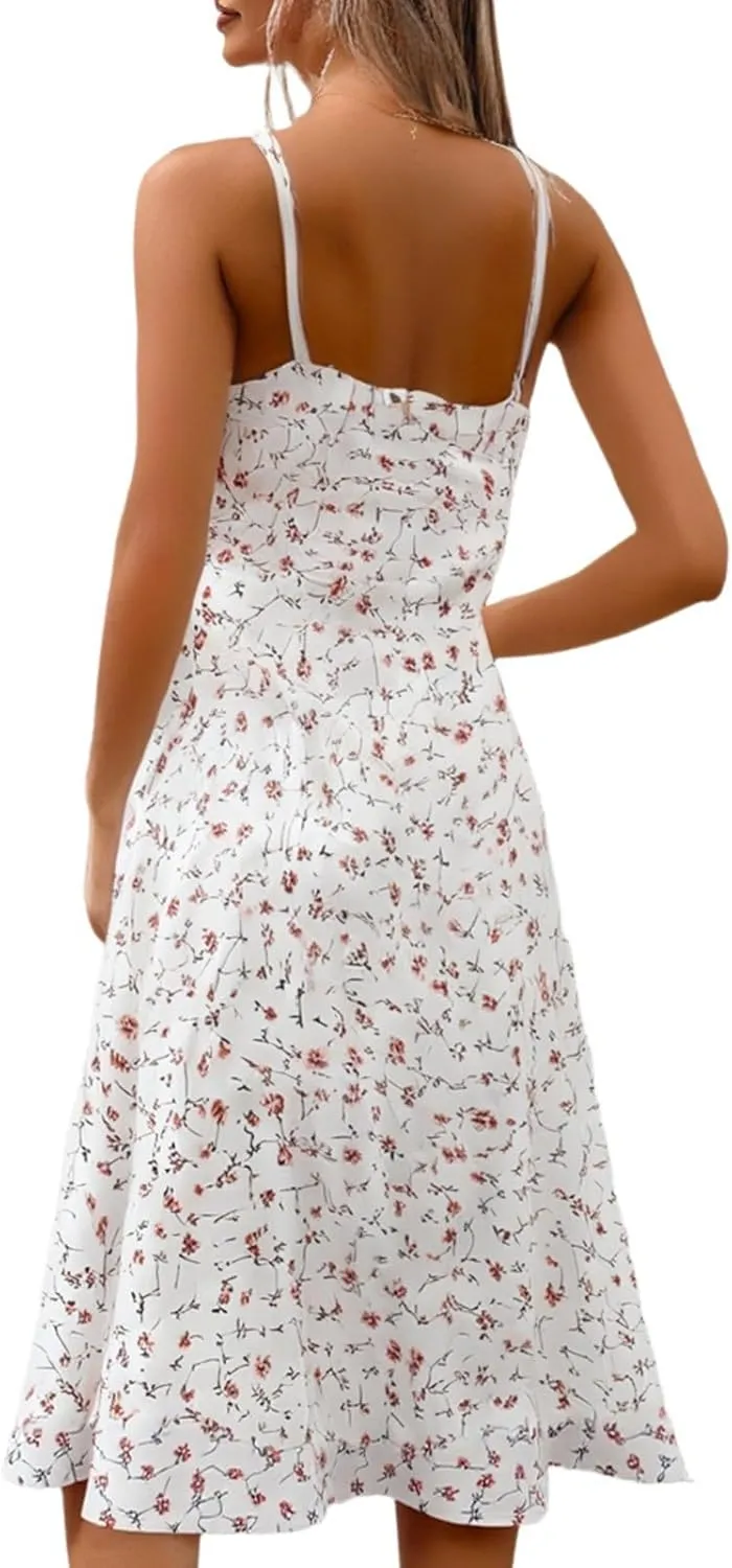 Women's Summer Casual Square Neck Polka Dot Sxey Sleeveless High Waist A-line Sundress Midi Dresses