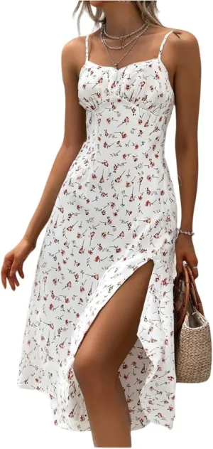 Women's Summer Casual Square Neck Polka Dot Sxey Sleeveless High Waist A-line Sundress Midi Dresses