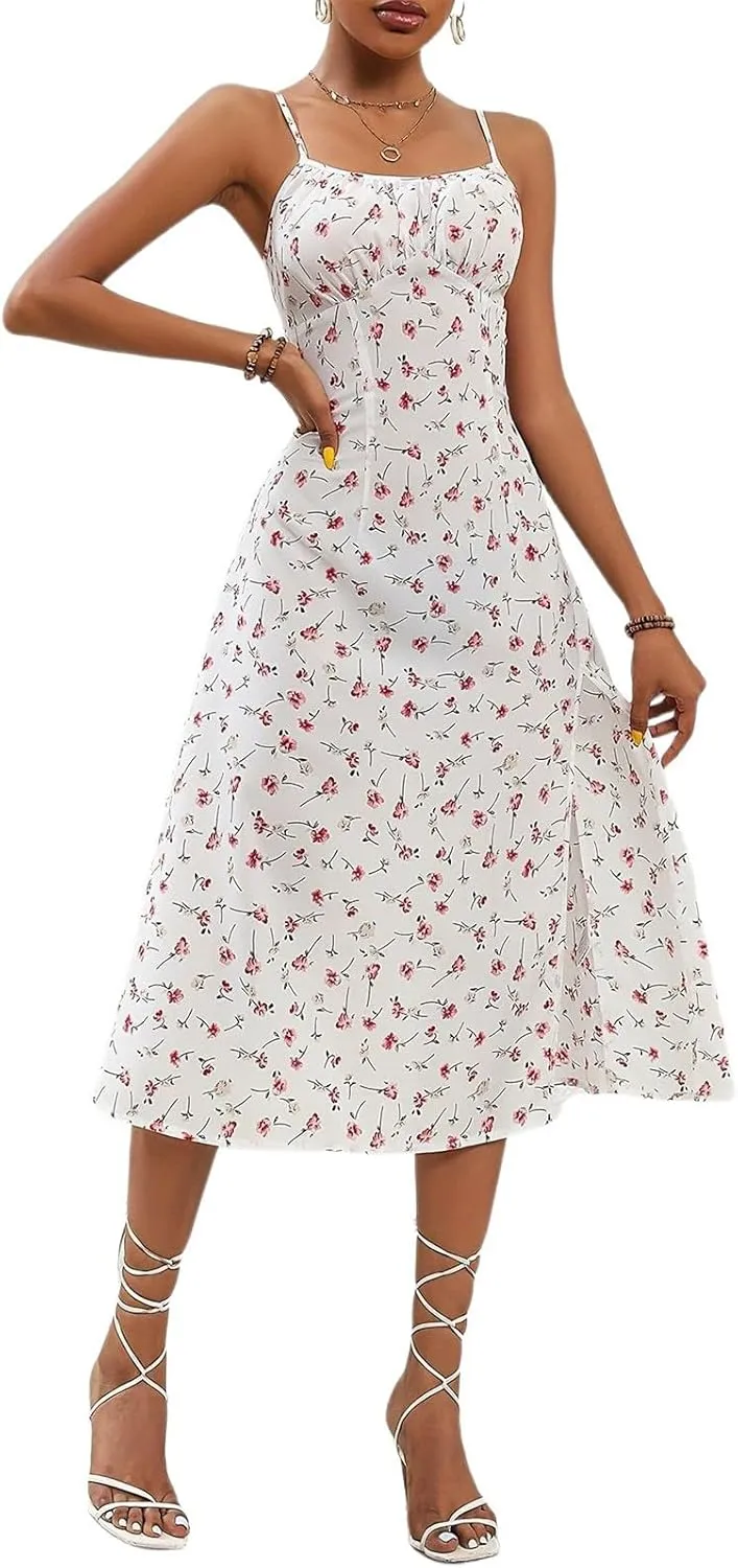 Women's Summer Casual Square Neck Polka Dot Sxey Sleeveless High Waist A-line Sundress Midi Dresses