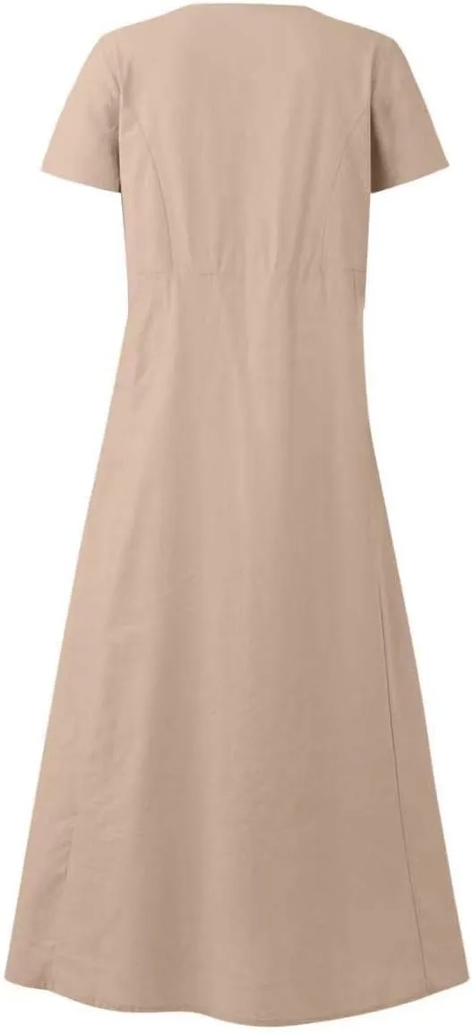 Womens Summer Cotton Linen Dress Short Sleeve Casual Flowy Swing Long Beach Dress Solid Comfy Maxi Dress with Pockets