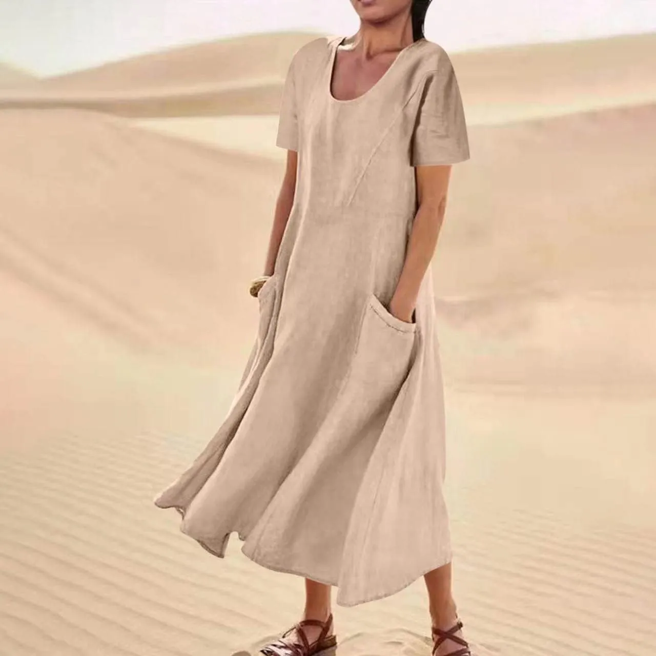 Womens Summer Cotton Linen Dress Short Sleeve Casual Flowy Swing Long Beach Dress Solid Comfy Maxi Dress with Pockets