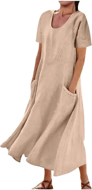 Womens Summer Cotton Linen Dress Short Sleeve Casual Flowy Swing Long Beach Dress Solid Comfy Maxi Dress with Pockets
