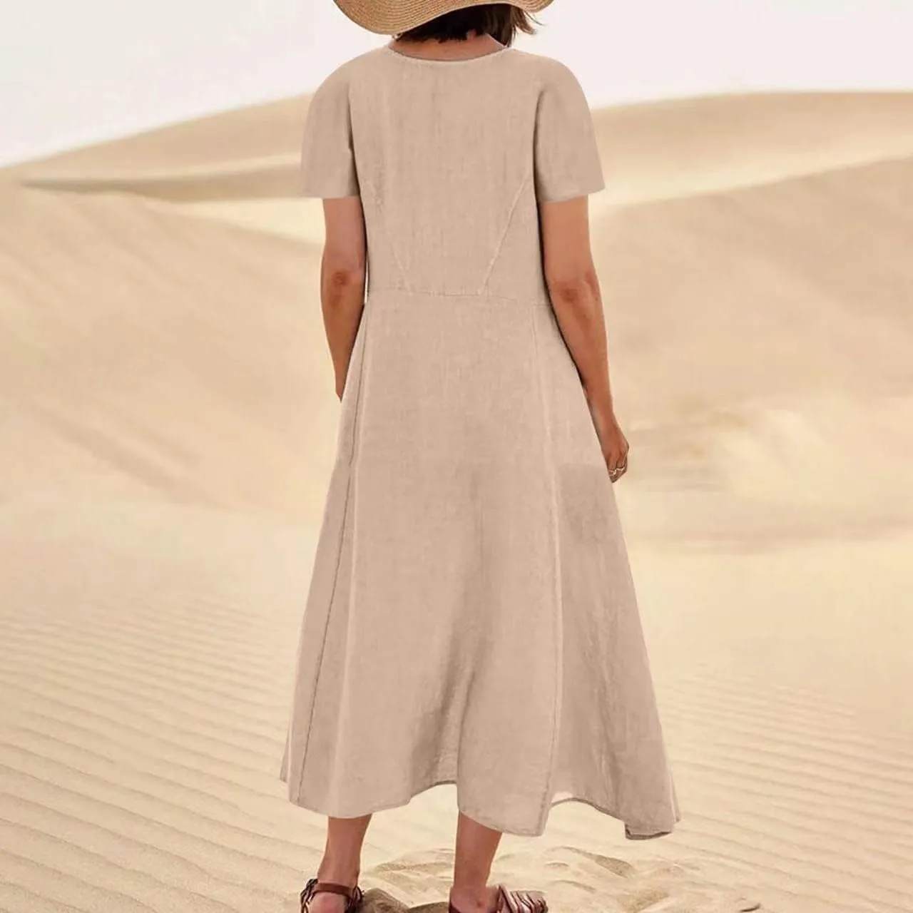 Womens Summer Cotton Linen Dress Short Sleeve Casual Flowy Swing Long Beach Dress Solid Comfy Maxi Dress with Pockets