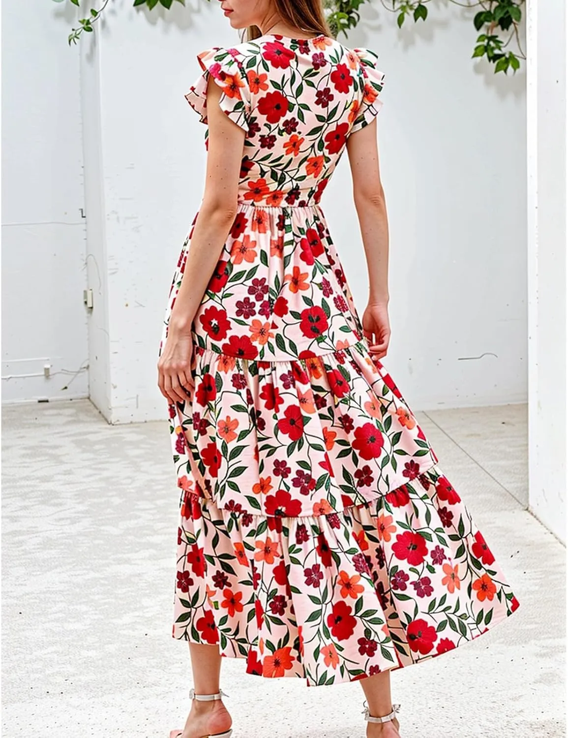 Womens Summer Dress Short Sleeve V-Neck Ruffle Tiered Midi Dresses Floral Printed Vacation Sundress with Fringe Belt