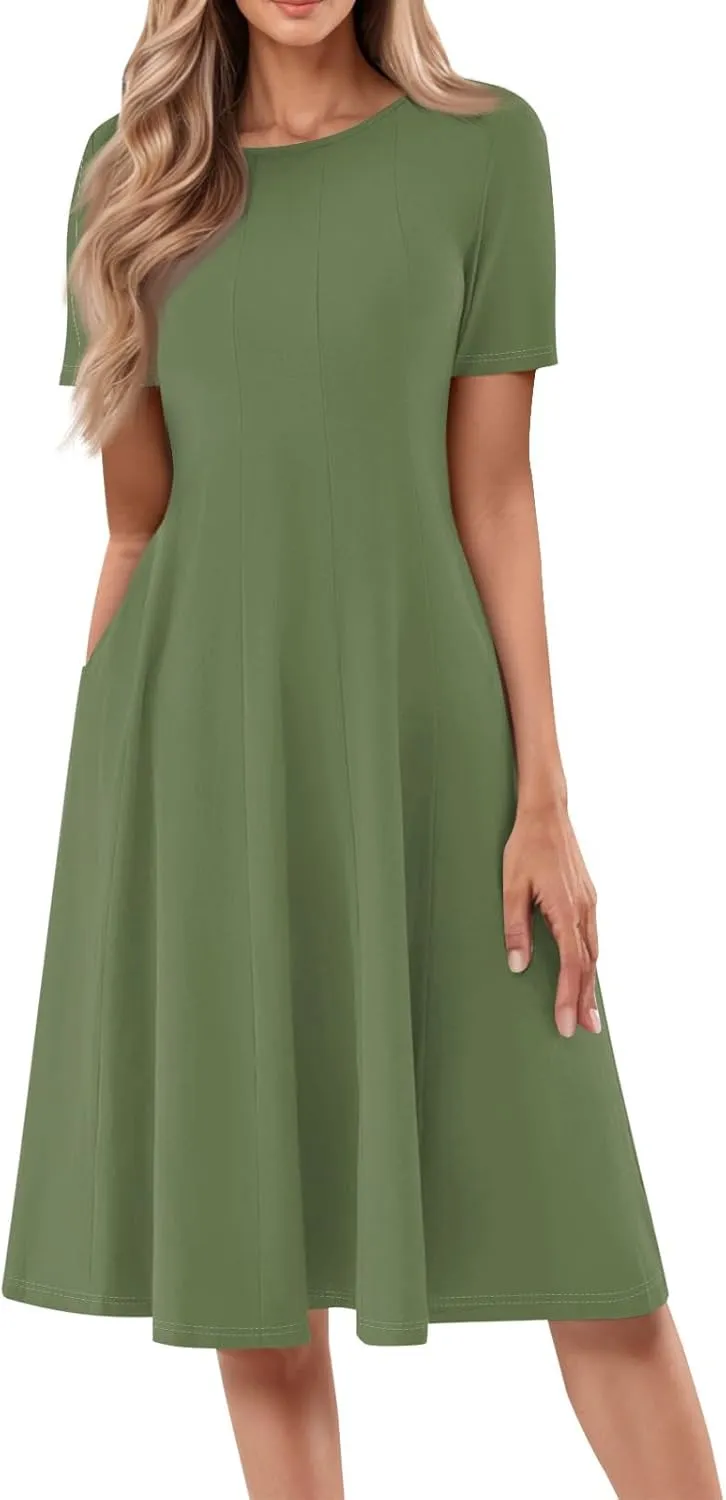 Women's Summer Dresses 2025 Casual Loose Trendy Short Sleeve Crew Neck Solid Color Gradient Midi Dress Plus Size, S-3XL