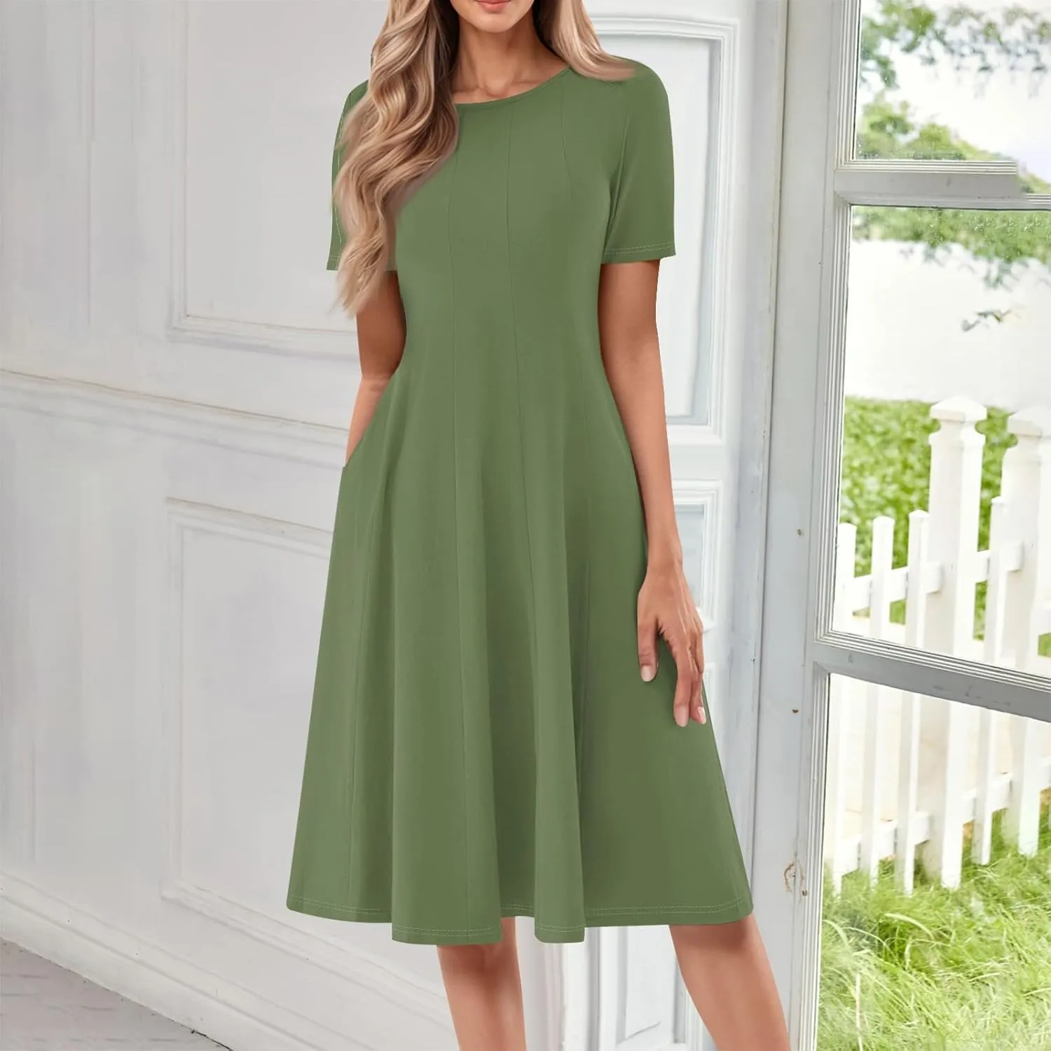 Women's Summer Dresses 2025 Casual Loose Trendy Short Sleeve Crew Neck Solid Color Gradient Midi Dress Plus Size, S-3XL