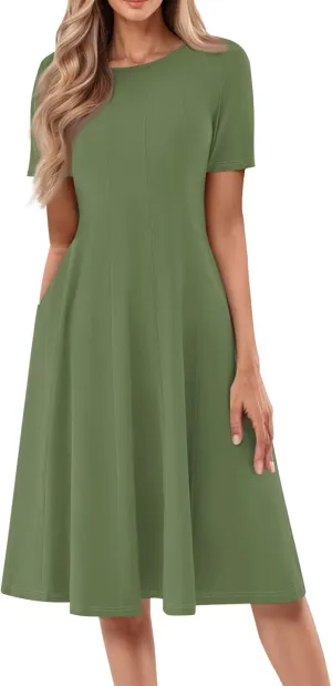 Women's Summer Dresses 2025 Casual Loose Trendy Short Sleeve Crew Neck Solid Color Gradient Midi Dress Plus Size, S-3XL
